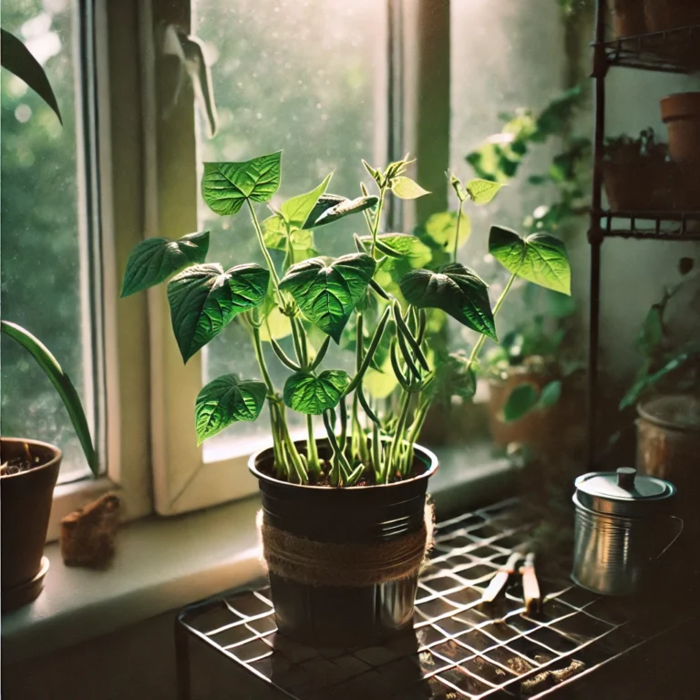 Indoor flower box growing fresh Blue Lake 274 bush green beans near a sunny window, surrounded by festive Christmas lights