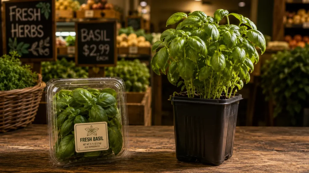 Packaged basil beside a living basil plant illustrating the $10,000 Garden concept of one-time consumption versus recurring production.