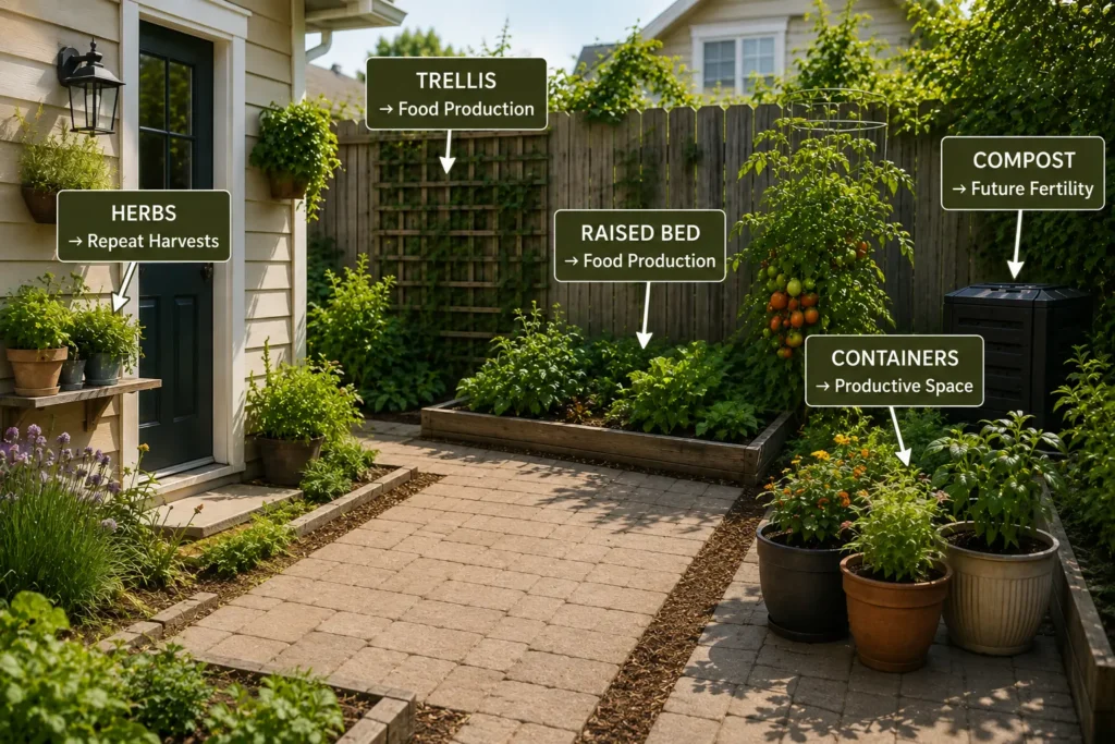 Ordinary backyard garden with herbs, a trellis, raised bed, containers, and compost labeled by the productive role each plays.