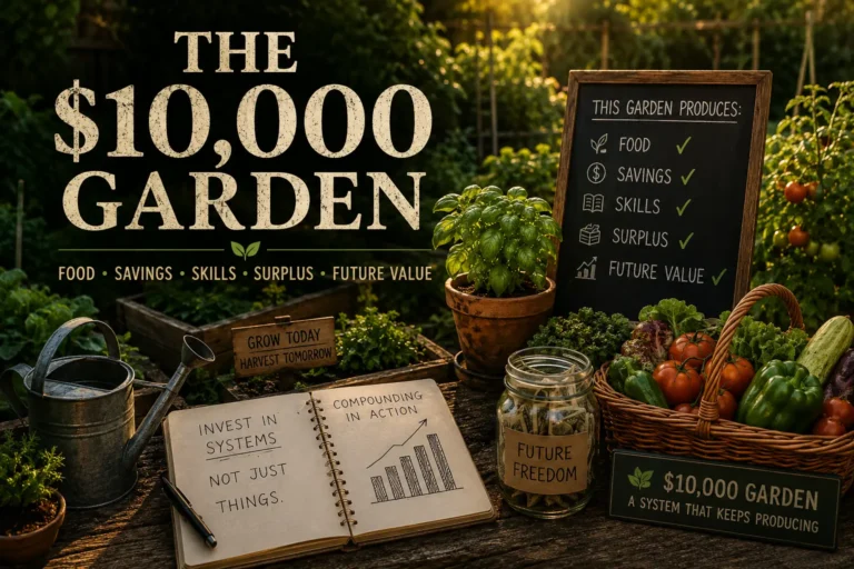 Productive vegetable and herb garden illustrating the $10,000 Garden concept of food, savings, skills, surplus, and recurring value.