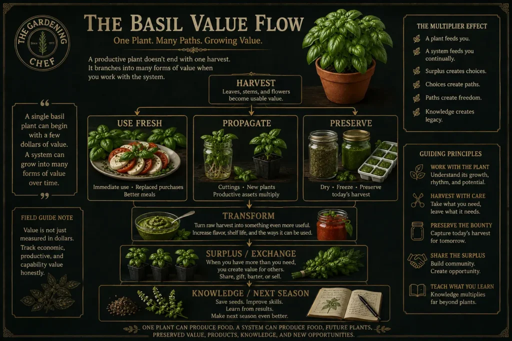 Basil value flow infographic showing one plant branching into fresh use, propagation, preservation, transformed foods, surplus exchange, seed saving, and next-season knowledge.