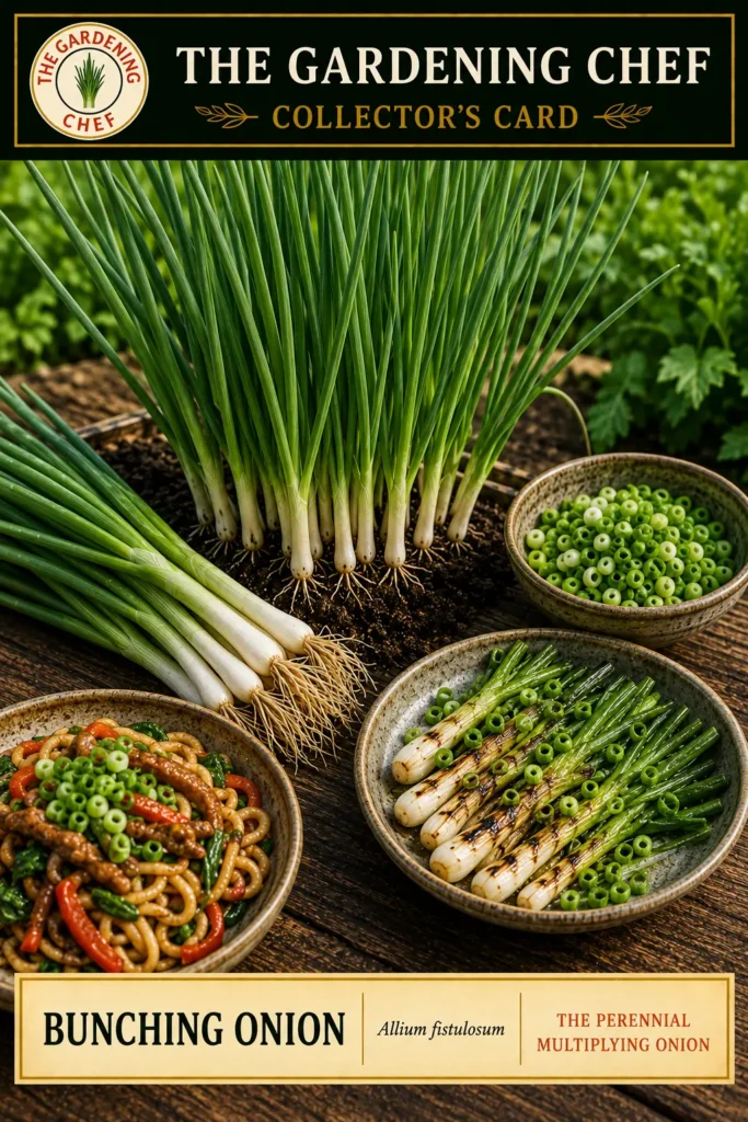 Bunching onions growing in a dense clump with harvested stalks, sliced green onion rings, grilled bunching onions, and a noodle dish on The Gardening Chef collector’s card.