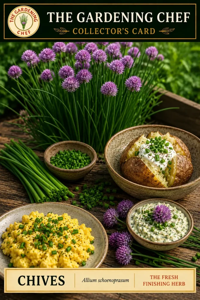 Fresh chives growing with purple blossoms alongside chopped chives, scrambled eggs, a baked potato, and chive dip on The Gardening Chef collector’s card.