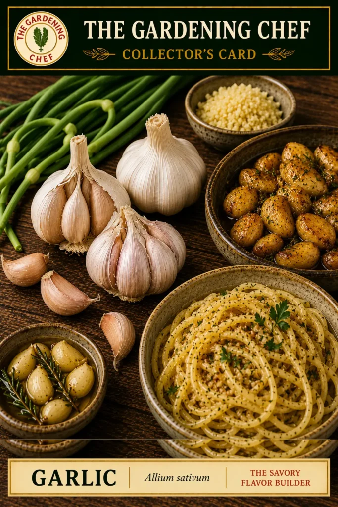 Whole garlic bulbs, separated cloves, garlic scapes, roasted garlic, and a garlic pasta dish displayed on The Gardening Chef collector’s card.