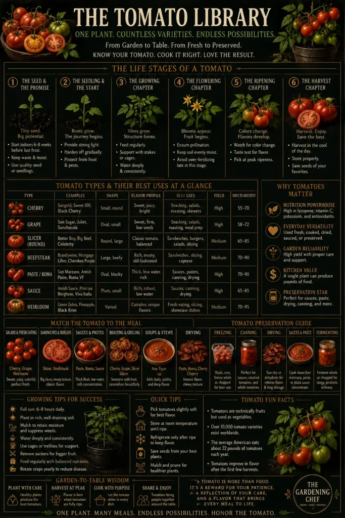 Types of tomatoes field guide poster showing cherry, grape, slicer, paste, sauce, and heirloom tomatoes.