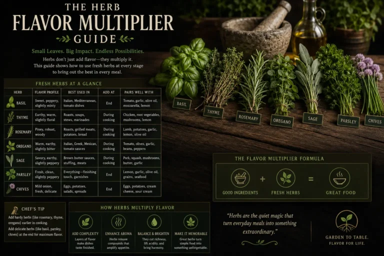 Herb Flavor Multiplier field guide poster showing basil, thyme, rosemary, oregano, sage, parsley, and chives with kitchen flavor pairing notes.