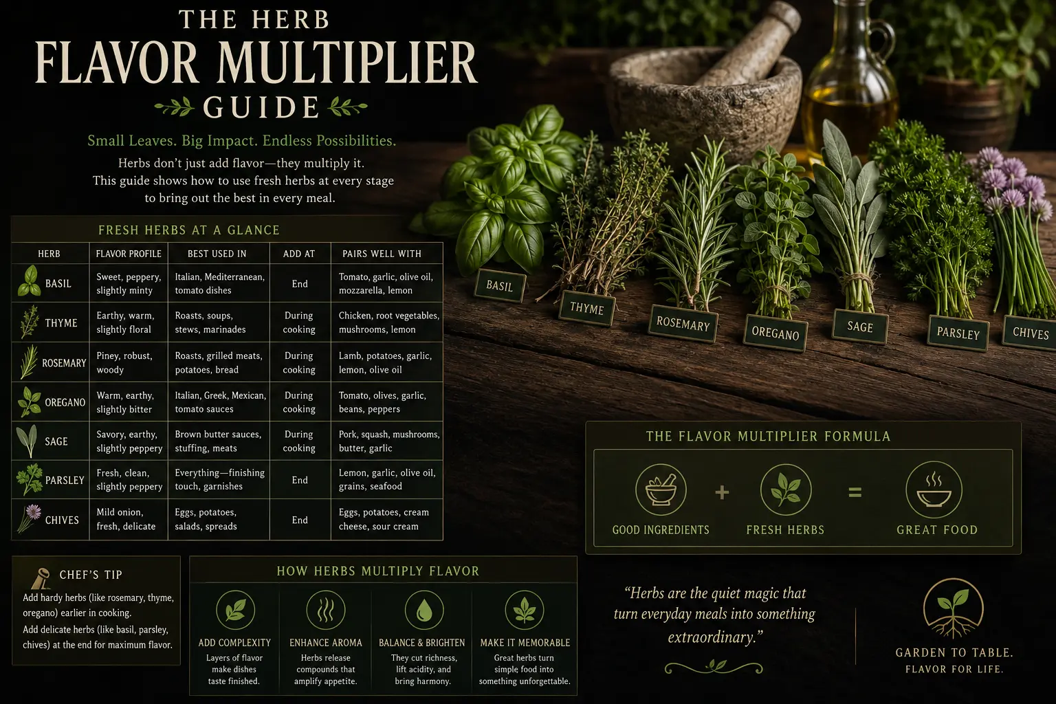 Herb Flavor Multiplier field guide poster showing basil, thyme, rosemary, oregano, sage, parsley, and chives with kitchen flavor pairing notes.