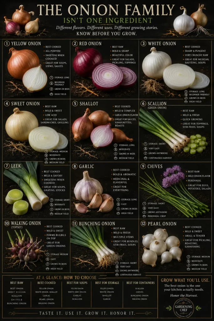 Types of onions and alliums field guide poster showing yellow onions, red onions, white onions, sweet onions, shallots, scallions, garlic, leeks, and chives.