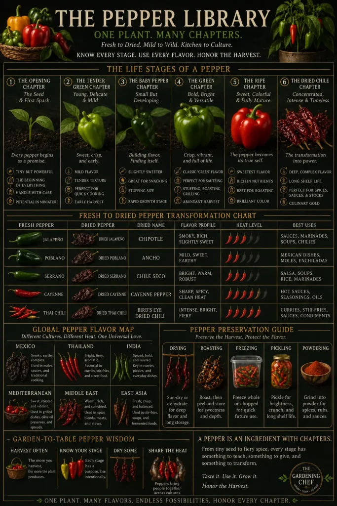 Pepper Library field guide poster showing sweet peppers, hot peppers, dried chiles, and pepper flavor stages.