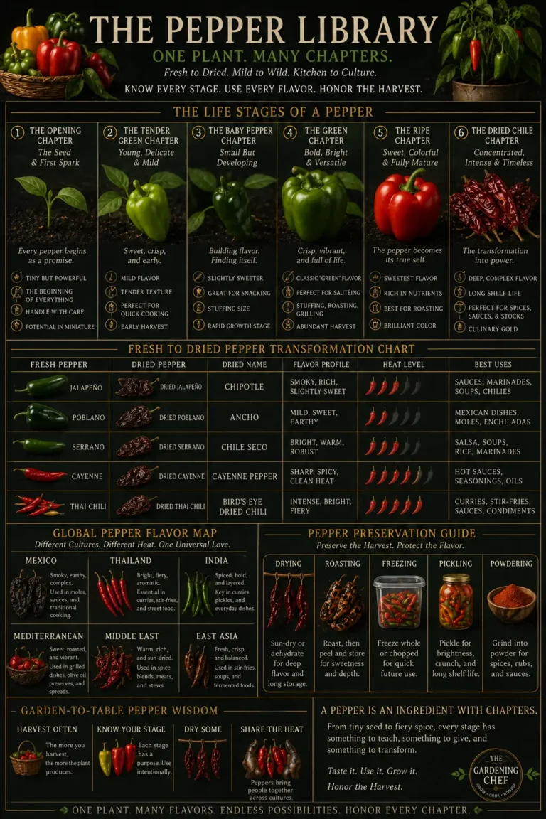Pepper Library field guide poster showing sweet peppers, hot peppers, dried chiles, and pepper flavor stages.