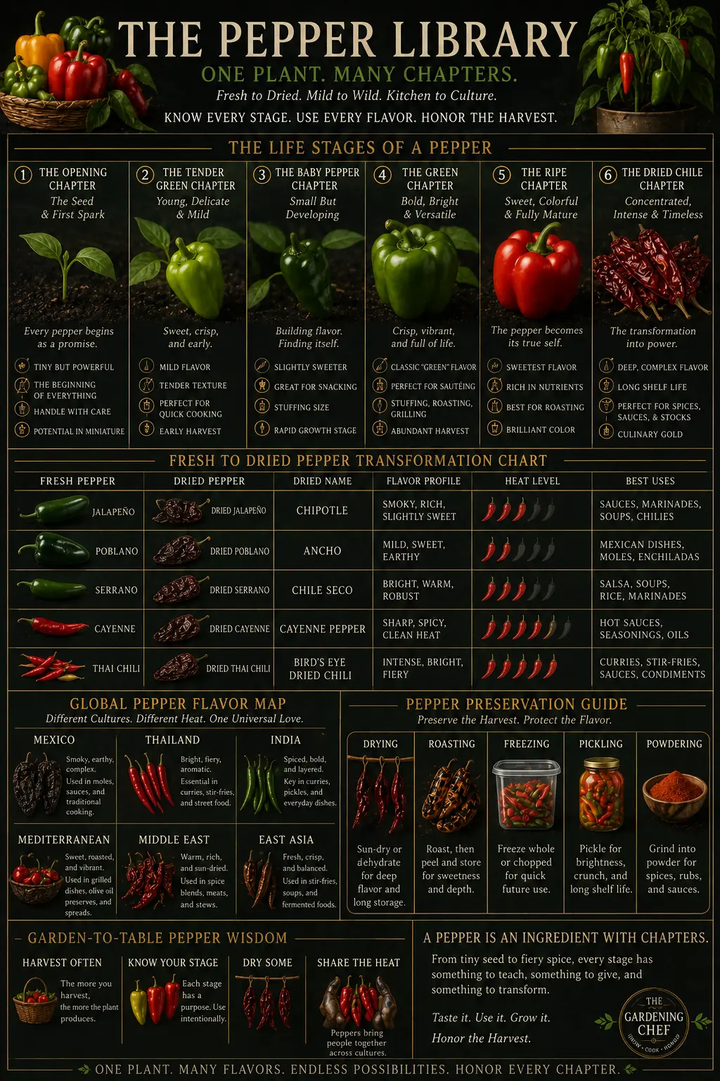 Pepper Library field guide poster showing sweet peppers, hot peppers, dried chiles, and pepper flavor stages.