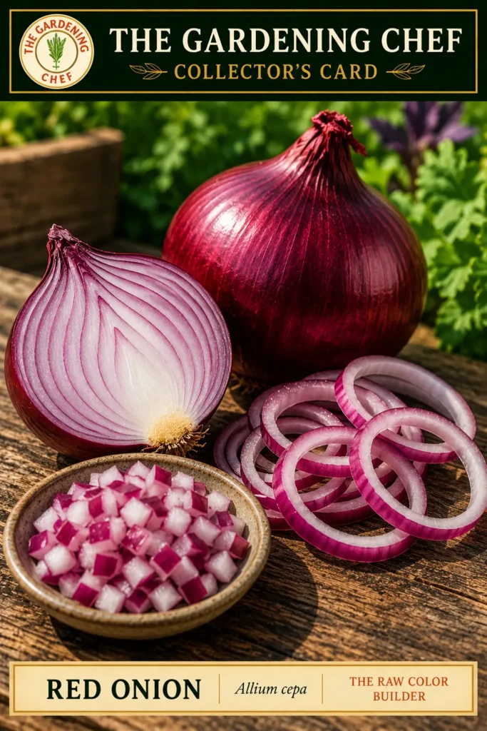 Whole, sliced, and diced red onions displayed on The Gardening Chef collector’s card, showing the onion’s deep purple skin and crisp layered interior.