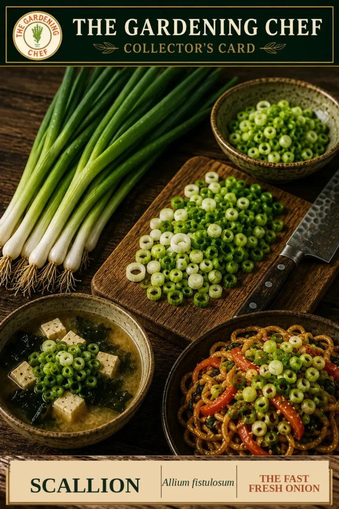 Fresh whole and sliced scallions displayed on The Gardening Chef collector’s card with soup and noodles showing common culinary uses.