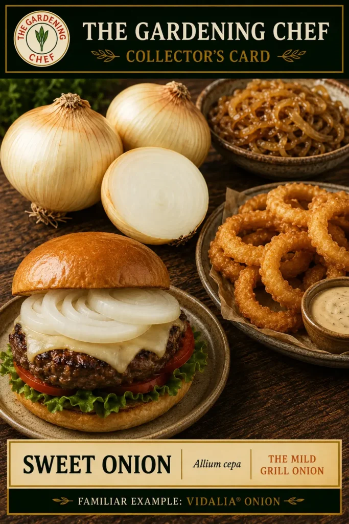Sweet onions shown whole and halved with raw onion on a cheeseburger, crispy onion rings, and caramelized onions on The Gardening Chef collector’s card.
