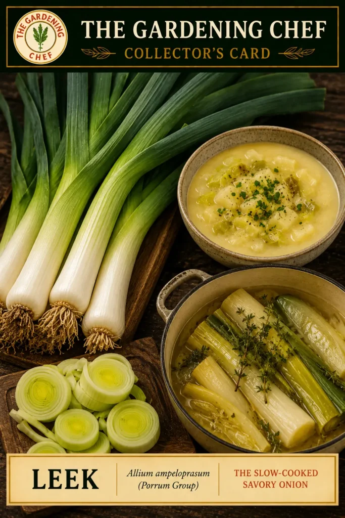 Fresh mature leeks with sliced leek rounds, potato-leek soup, and braised leeks displayed on The Gardening Chef collector’s card.
