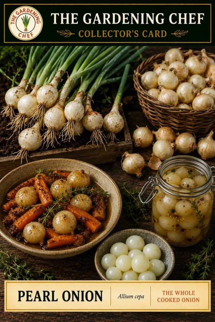 Fresh pearl onions with green tops, peeled whole bulbs, glazed pearl onions with carrots, and pickled pearl onions displayed on The Gardening Chef collector’s card.
