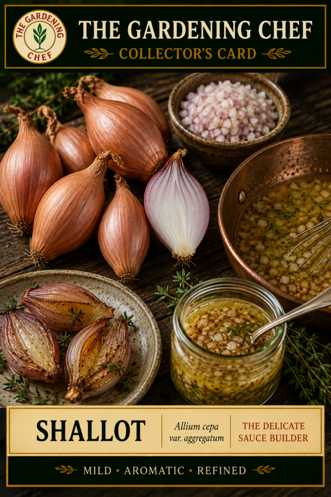 Shallots shown whole, halved, finely diced, roasted, and used in a vinaigrette on The Gardening Chef collector’s card.