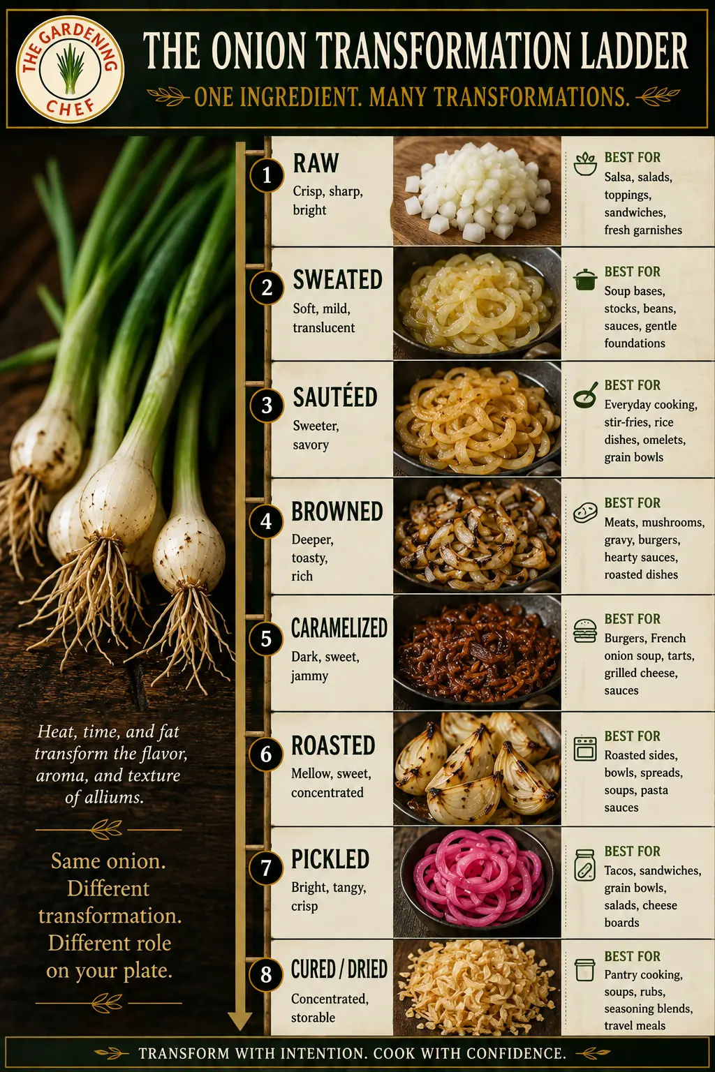 Onion transformation ladder showing raw, sweated, sautéed, browned, caramelized, roasted, pickled, and dried onions with visual examples of each stage.