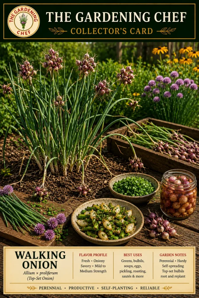 Mature walking onion plants with top-set bulbils, harvested greens, pickled bulbils, and a cooked onion dish on The Gardening Chef collector’s card.