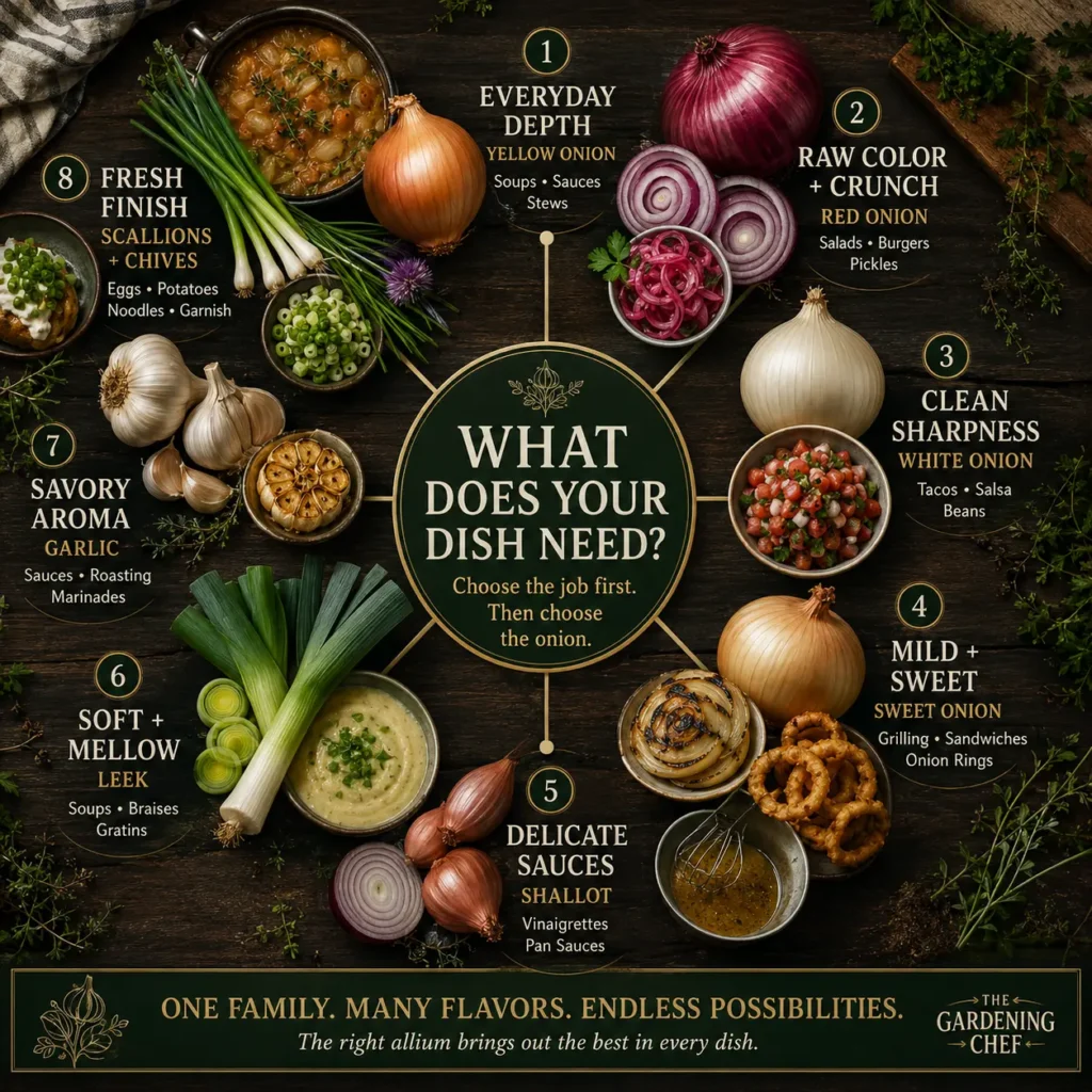 Hub-and-spoke guide showing yellow, red, white, and sweet onions, shallots, leeks, garlic, scallions, and chives by their best kitchen roles.