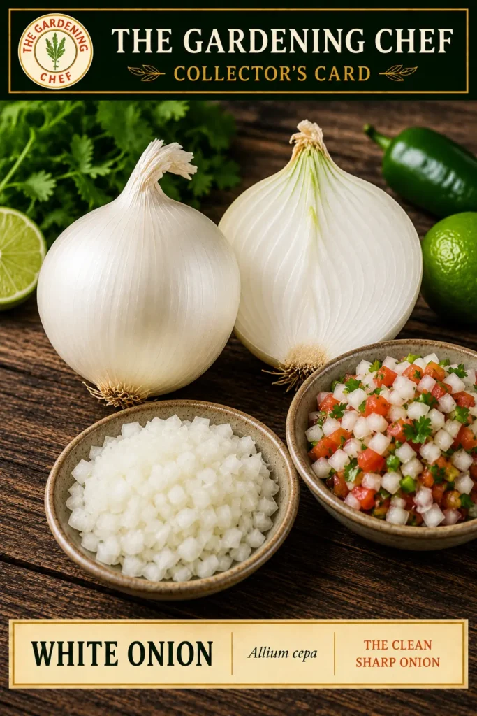Whole, halved, and diced white onions displayed with fresh pico de gallo on The Gardening Chef collector’s card.