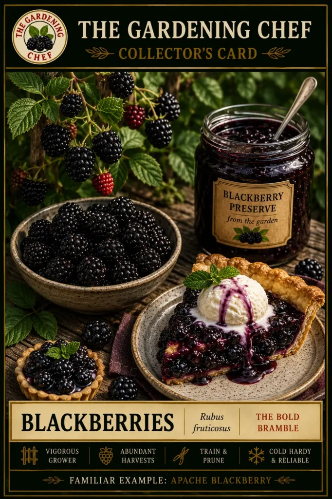Blackberry collector’s card showing ripe blackberries on the cane, a bowl of fresh berries, blackberry preserves, and blackberry pie to illustrate garden harvest and kitchen uses.
