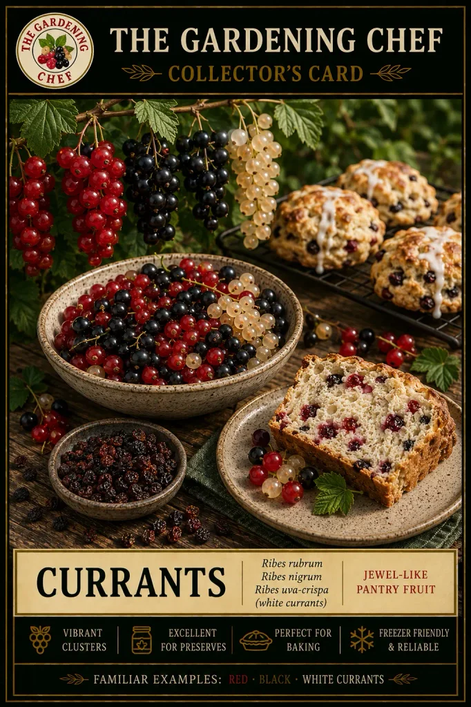 Currant collector’s card showing red, black, and white currants on the shrub, fresh harvested berries, dried currants, and currant-studded bread.