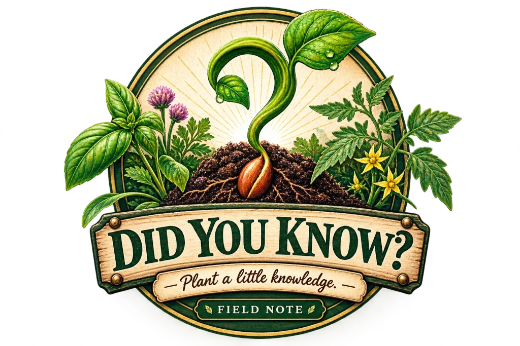 Did You Know? Field Note garden emblem with a question-mark seedling growing from the soil and the words “Plant a little knowledge.”
