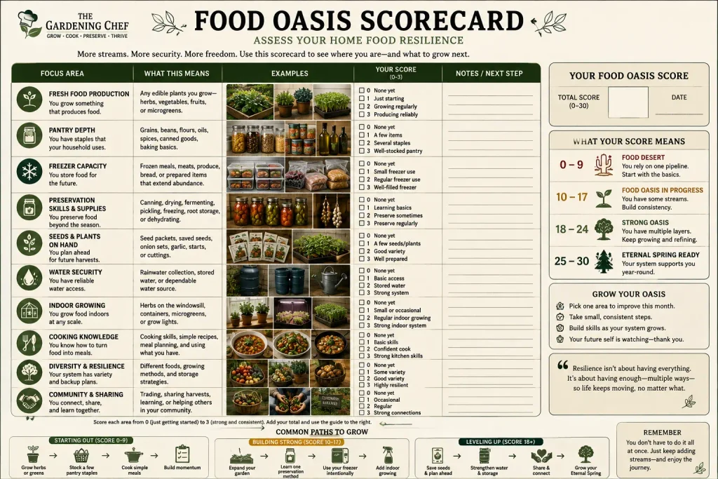 Food Oasis Scorecard infographic rating ten areas of home food resilience, including growing food, pantry depth, freezer storage, preservation, seeds, water, indoor growing, cooking skills, diversity, and community sharing.