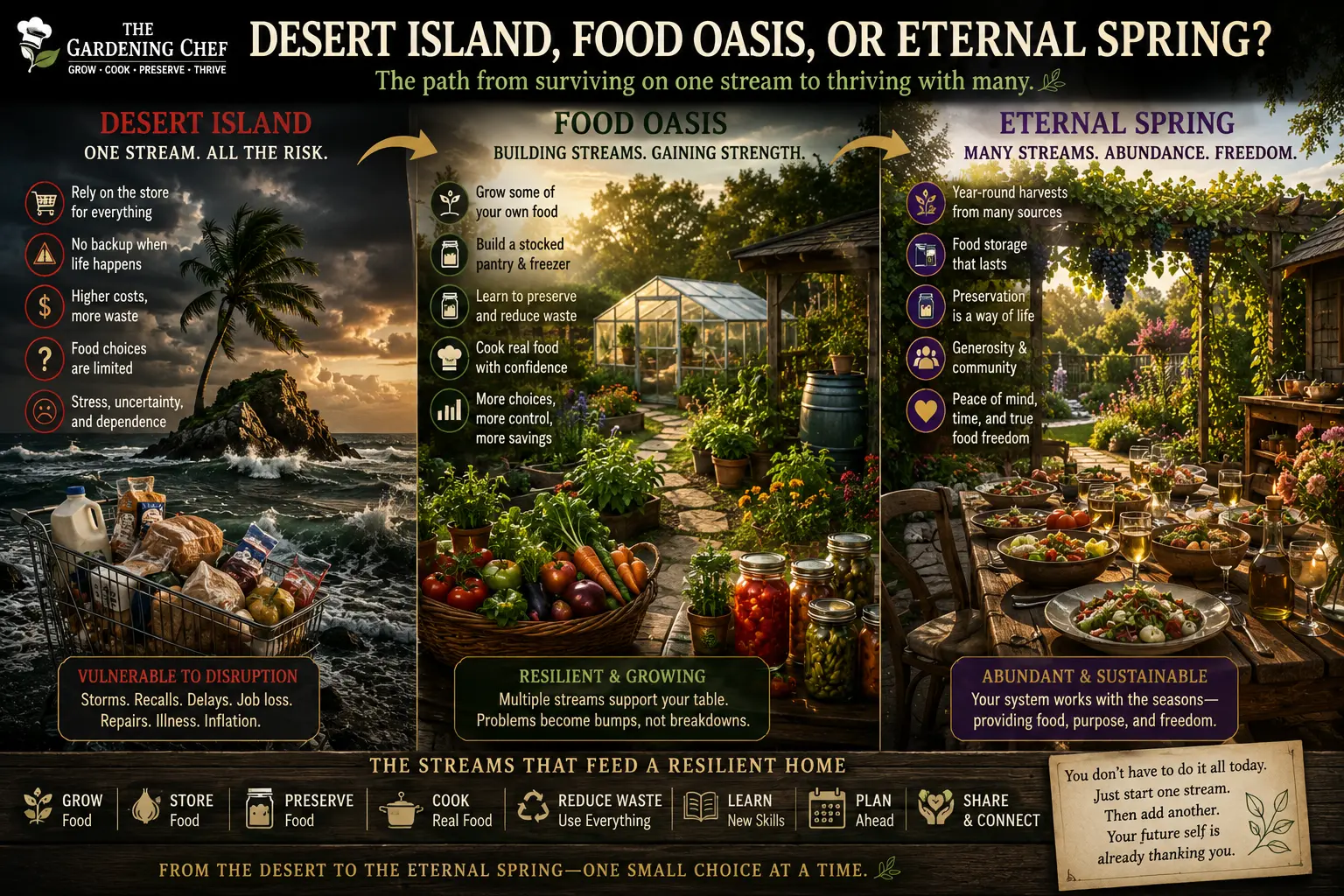 Home food resilience infographic comparing a Desert Island household, a Food Oasis, and an Eternal Spring with gardens, storage, preservation, and year-round growing.