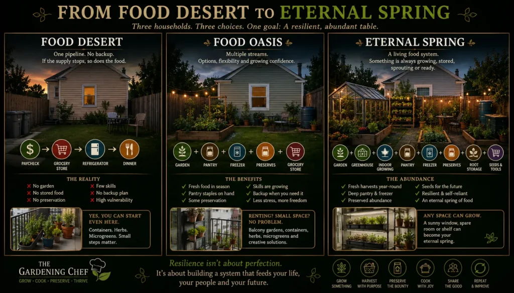 Food Desert to Eternal Spring infographic showing three backyard food systems progressing from grocery dependence to a garden oasis and year-round food resilience.