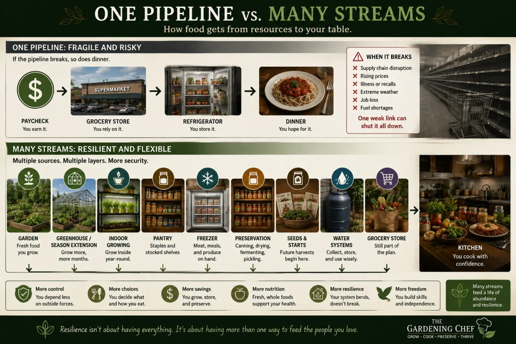 One Pipeline vs. Many Streams infographic comparing grocery-store dependence with a resilient food system using gardens, pantry storage, freezing, preservation, seeds, water storage, indoor growing, and groceries.