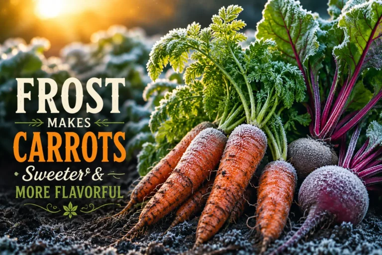 Frost-covered carrots and beets showing why carrots taste sweeter after frost.