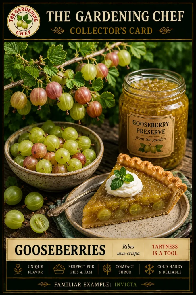 Gooseberry collector’s card showing green and ripening pink gooseberries on the shrub, a bowl of fresh fruit, gooseberry preserves, and gooseberry pie.