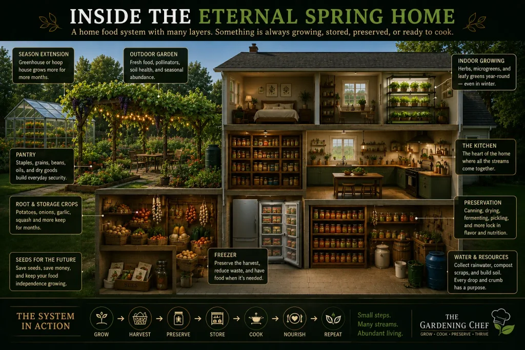 Cutaway illustration of an Eternal Spring home with a backyard vegetable garden, grape arbor, greenhouse, indoor growing shelves, pantry, freezer, root crop storage, preserved foods, seeds, and rainwater collection.