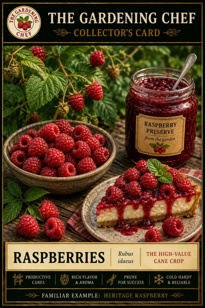 Raspberry collector’s card showing ripe raspberries on the cane, a bowl of fresh berries, raspberry preserves, and a raspberry dessert to illustrate garden harvest and kitchen uses.
