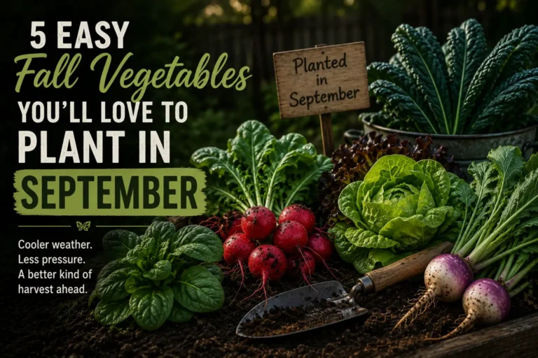 Spinach, radishes, lettuce, turnips and kale arranged in a fall garden beside a trowel and a sign reading “Planted in September.”