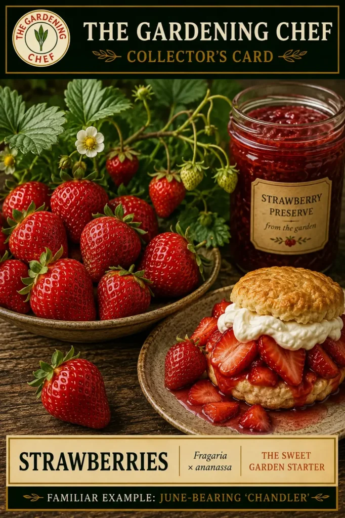 Strawberry collector’s card showing ripe garden strawberries, strawberry blossoms, preserves, and strawberry shortcake to illustrate fresh harvest and kitchen uses.