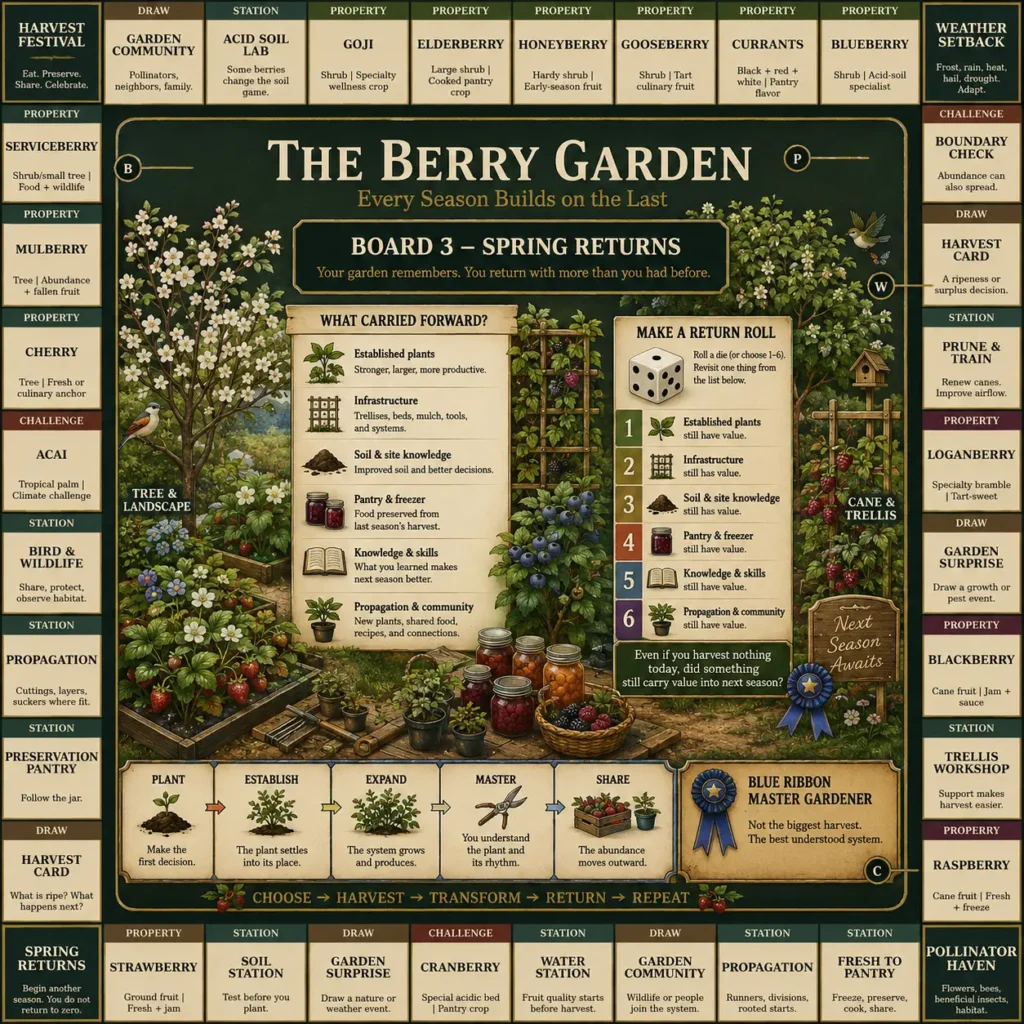 Berry garden game board showing established berry plants, trellises, improved soil, preserved food, garden knowledge, propagation, and community carrying forward into another growing season.