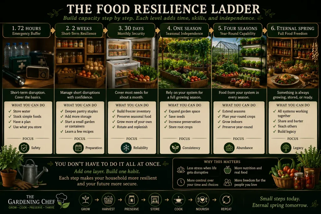 Food Resilience Ladder infographic showing six stages from a 72-hour emergency food supply to two weeks, 30 days, one season, four seasons, and an Eternal Spring home food system.