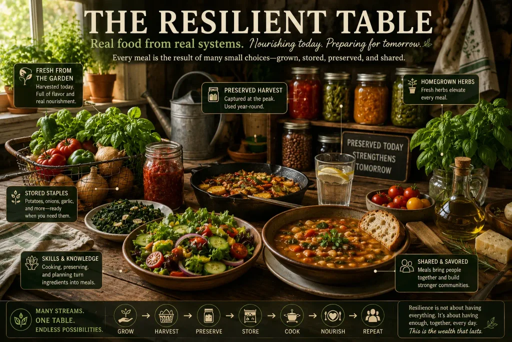 The Resilient Table infographic showing a meal supported by fresh garden produce, stored staples, preserved foods, homegrown herbs, cooking skills, and shared meals.