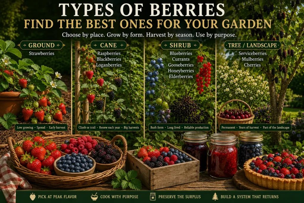 Types of berries organized by how they grow, including strawberries, raspberries, blackberries, blueberries, currants, gooseberries, serviceberries, mulberries, and cherries.
