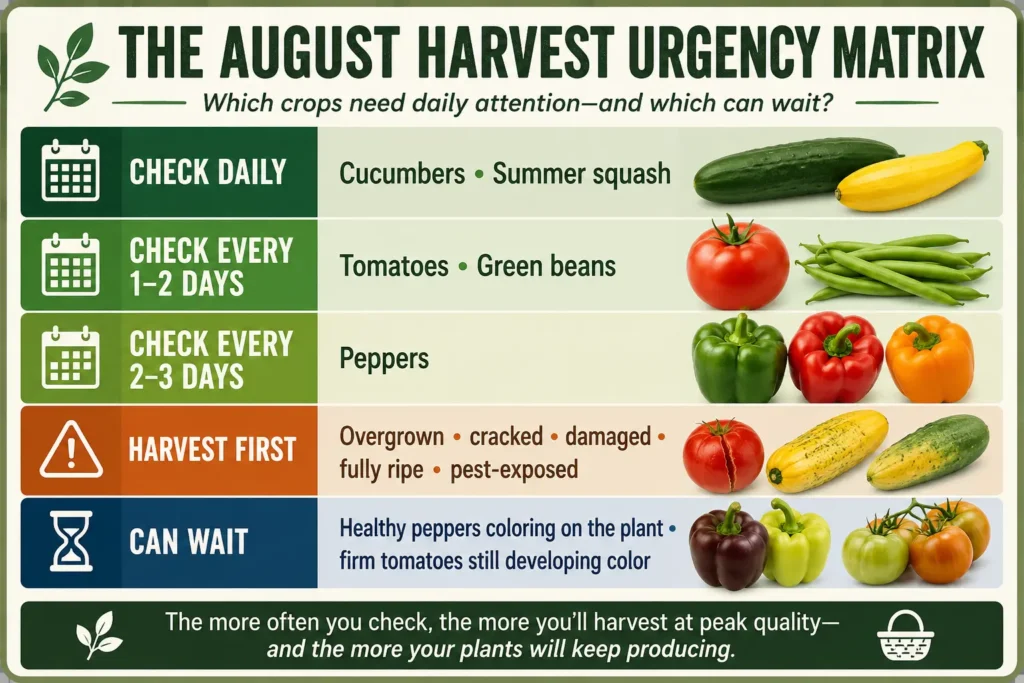August vegetable harvest schedule showing cucumbers and summer squash checked daily, tomatoes and beans every one to two days, and peppers every two to three days.