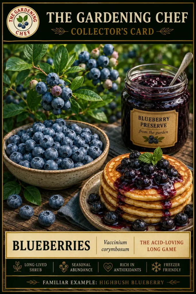 Blueberry collector’s card showing ripe blueberries on the shrub, a bowl of fresh berries, blueberry preserves, and blueberry pancakes to illustrate garden harvest and kitchen uses.