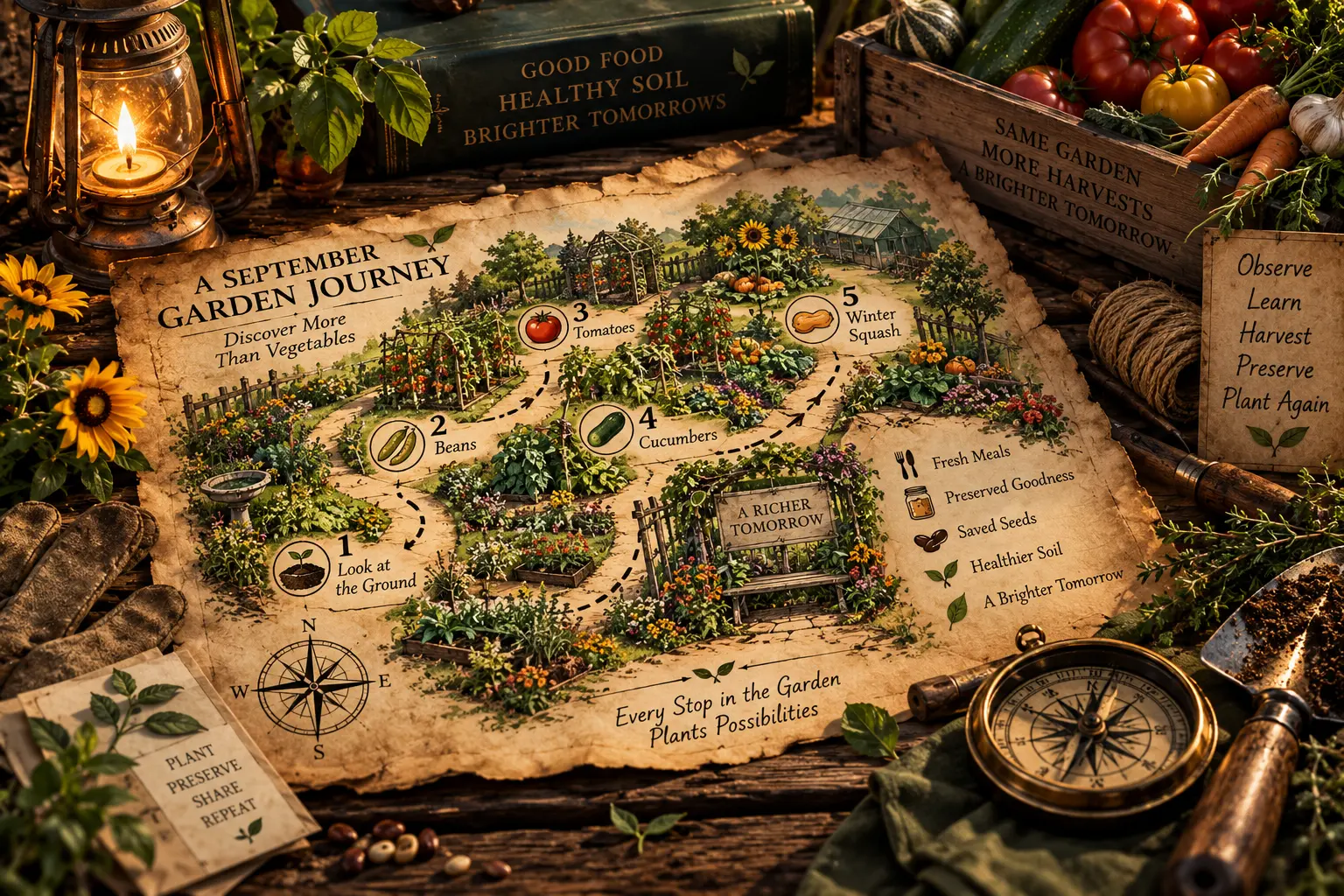 September garden treasure map guiding readers through vegetables to harvest in September, preservation, seed saving and garden decisions.
