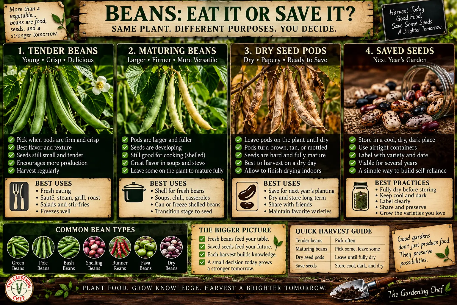 Green bean field guide for vegetables to harvest in September, comparing tender pods for eating with mature dry pods for seed saving.