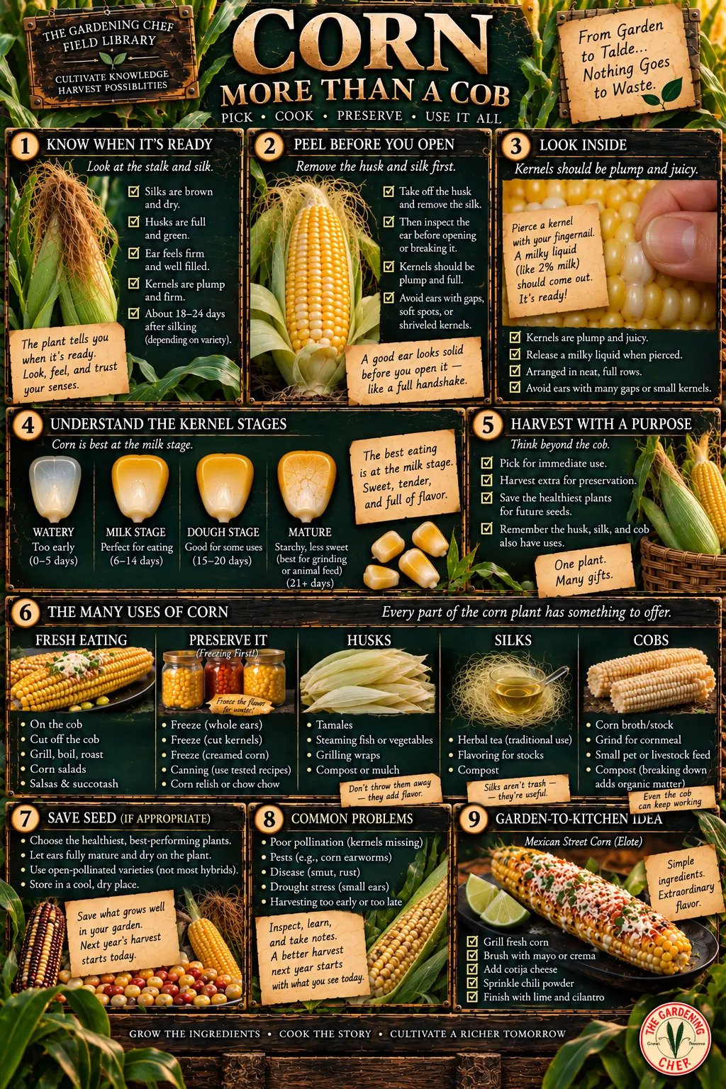 Sweet corn field guide showing harvest readiness, the milk-stage kernel test, freezing, uses for husks and silks, seed saving, common problems and Mexican street corn.