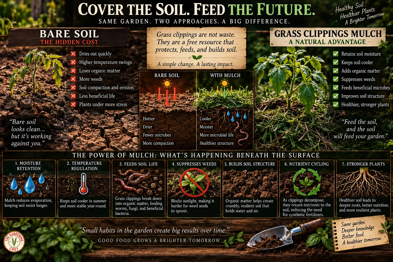 Comparison of bare garden soil and grass-clipping mulch showing differences in moisture retention, soil temperature, weeds, soil life, structure and plant health.