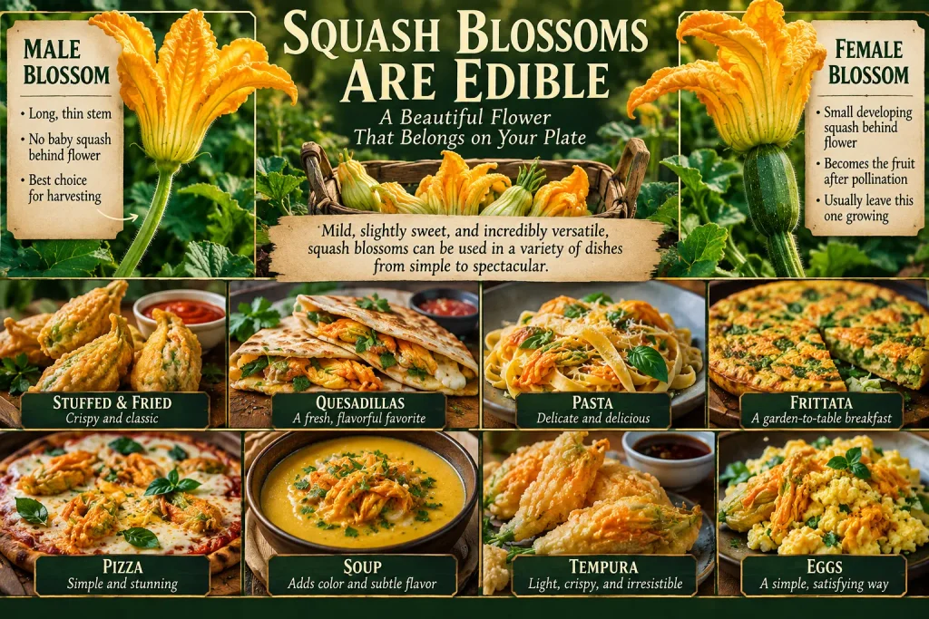 Infographic comparing male and female squash blossoms and showing edible squash flowers prepared as stuffed blossoms, quesadillas, pasta, frittata, pizza, soup, tempura, and eggs.