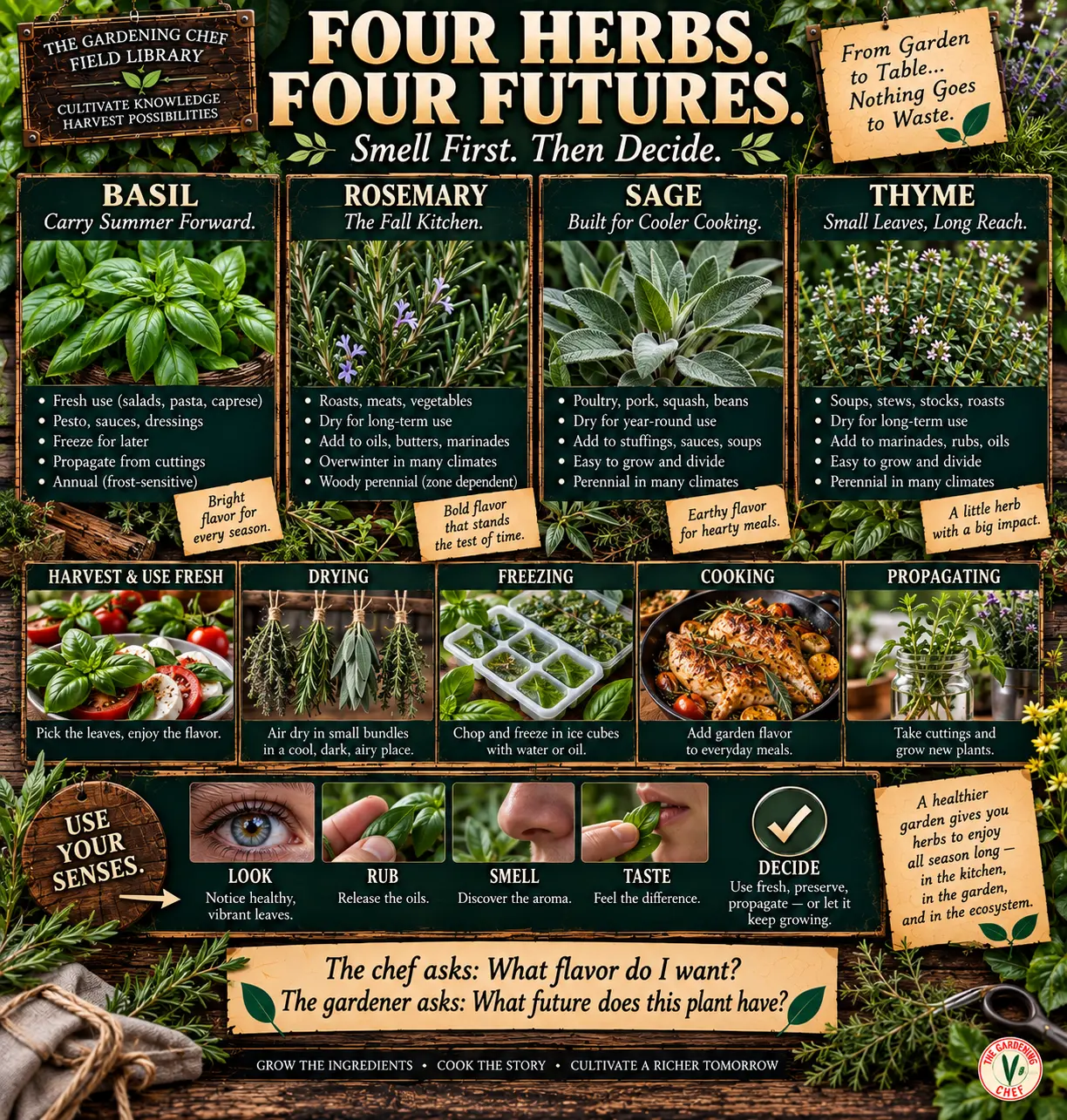Herb field guide comparing basil, rosemary, sage and thyme with fresh uses, drying, freezing, cooking, propagation and sensory harvest decisions.